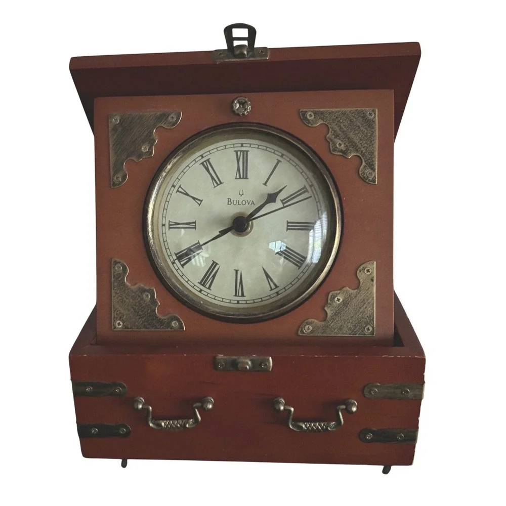 Bulova Wooden Fold Out Mantle Clock | Vintage | Trunk Style | Tested-Works